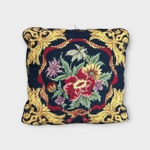 Vintage Needlepoint Floral pillow Blue Velvet Back 12 x 12
